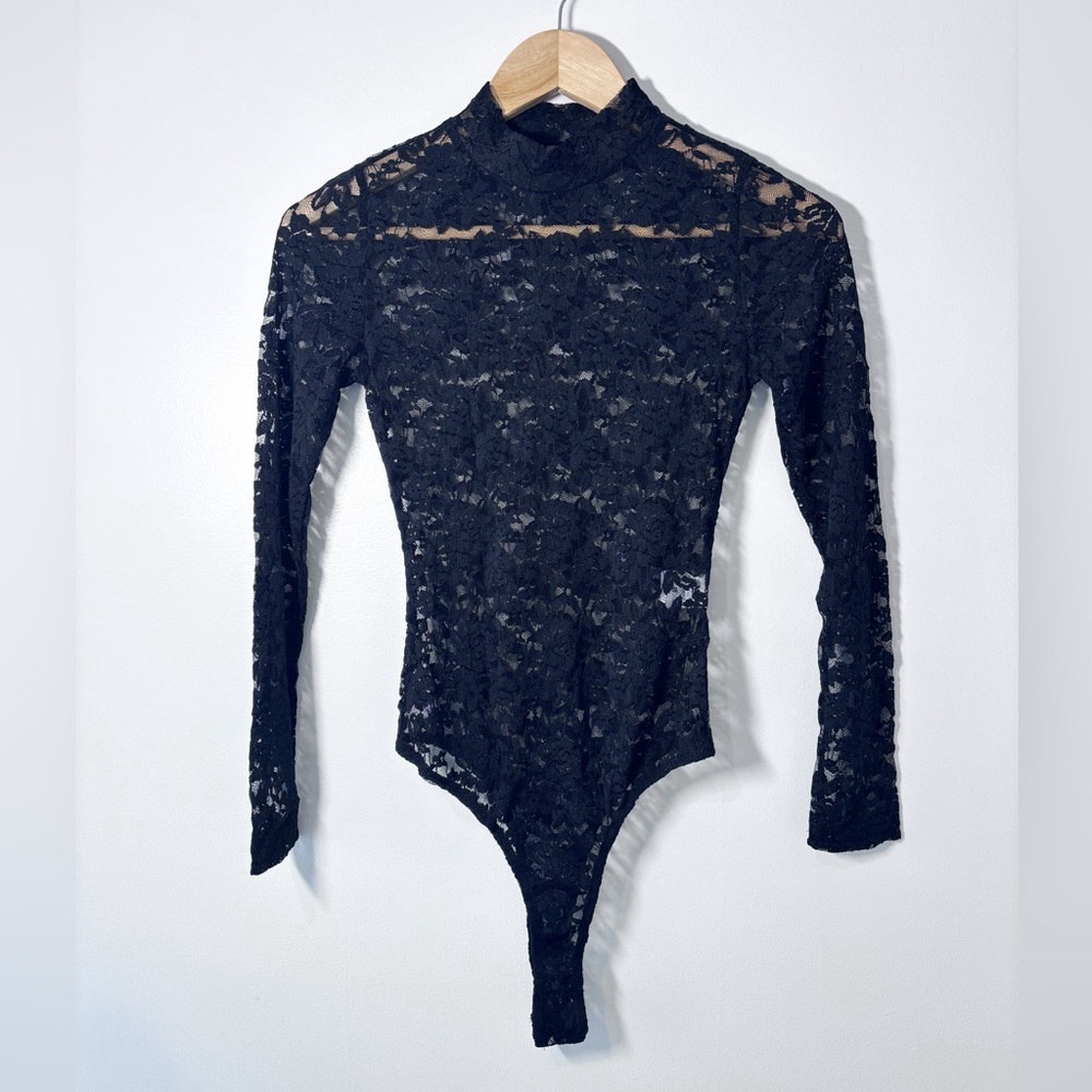 Stems Revolve Black Sheer Lace Long Sleeve Mock Neck Thong Bodysuit Medium New - Picture 2 of 6